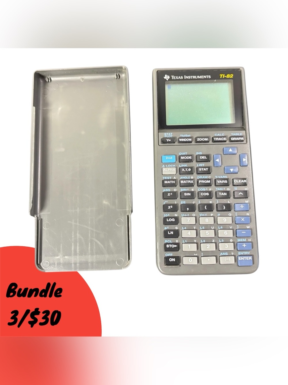 Texas Instruments TI-82 Handheld Calculator in Black and Gray with Blue Keys